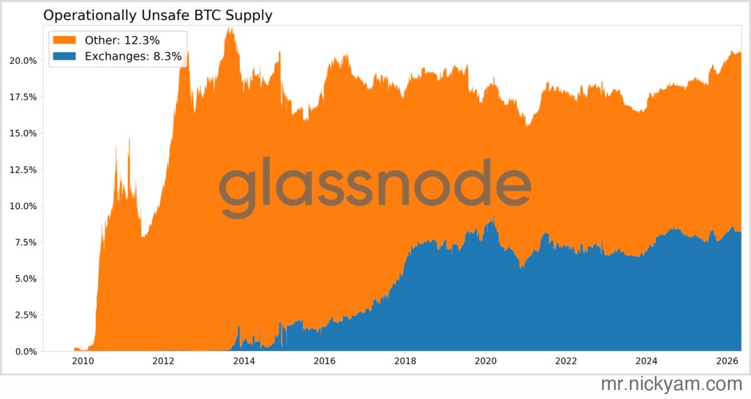 Operationally unsafe BTC supply: other 12.3% of total supply, exchanges 8.3%. Source: Glassnode.